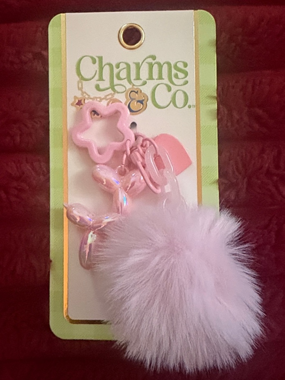 Pink Faux Fur Pom Pom Keyring with Star Charm